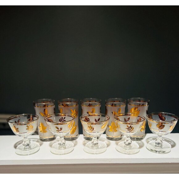 Mid-Century Libbey Gold Leaf Frosted Glasses Vintage Barware Tumblers & Goblets - Picture 5 of 7